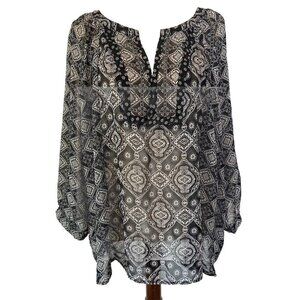 Old Navy Blouse Top Women's XXL Plus Black Boho Tribal Flowy Whimsigoth Peasant